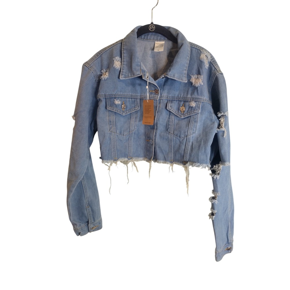 TODTAN Womens Distressed Cropped Denim Jacket Light Wash Frayed Hem Large NWT